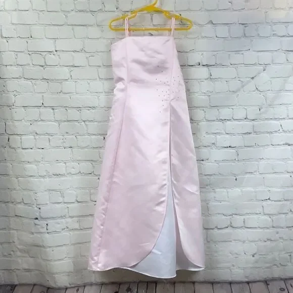 Pink Satin Flower Girl Dress Girls 8 Rhinestone Lace Up Formal Wedding Easter - Picture 2 of 12